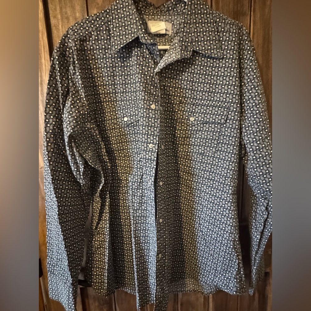Mens Wrangler Western Pearl Snap Shirt Paisley Print Black and White Size Large